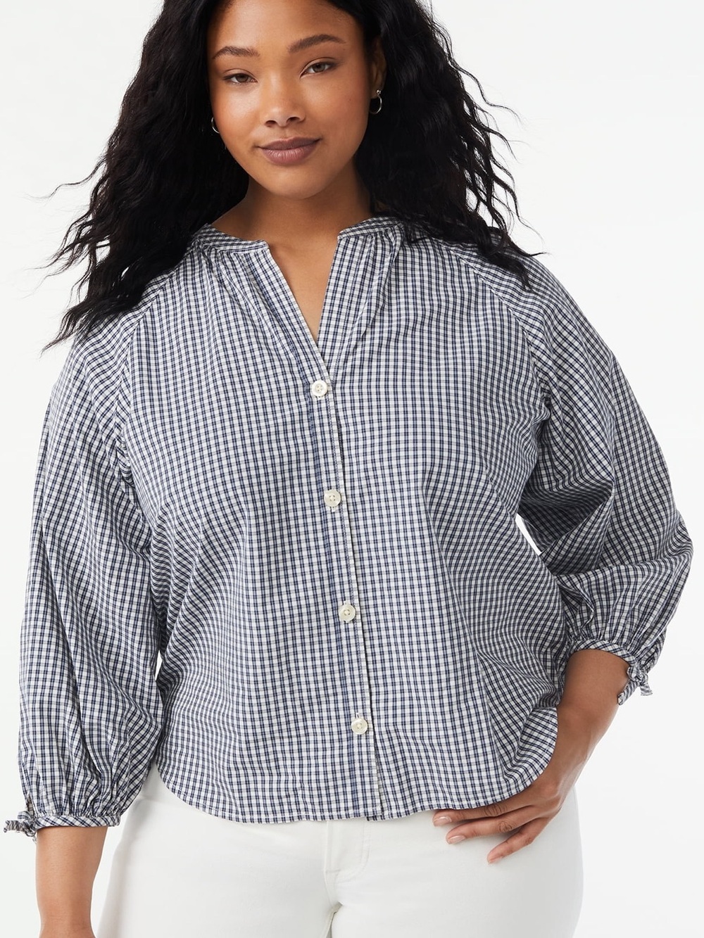 Gingham Boho Lightweight Blouse Navy White Button Down Size XS Western Cowgirl